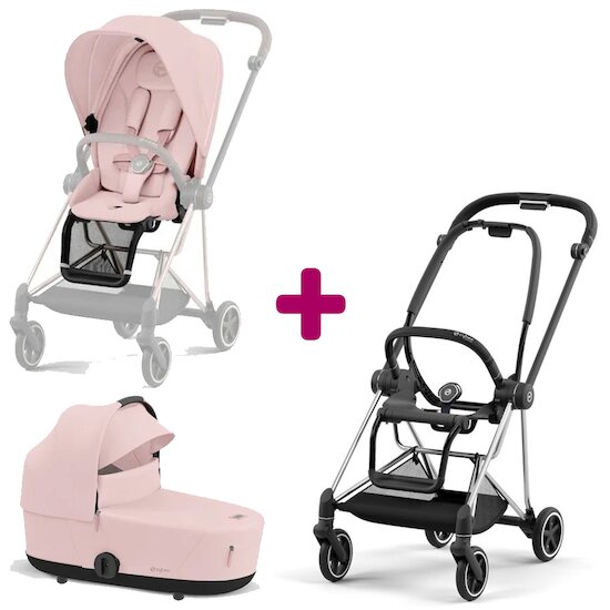 Cybex Pack Châssis poussette Mios chrome black + Siège Peach Pink + Nacelle luxe Peach Pink  