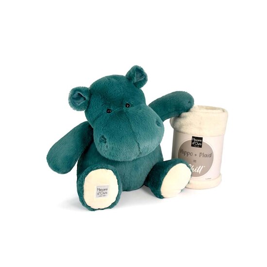 Histoire d'Ours Peluche hippo + plaid Bleu canard 