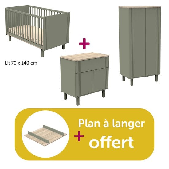 Sauthon Chambre bébé complète Eléonore kaki : lit 70x140, commode, armoire, plan offert  