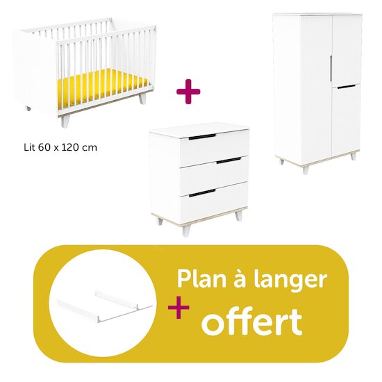 Sauthon Chambre bébé complète Baltic Blanc : lit 60x120  têtes blanches,  commode, armoire, plan à langer offert   