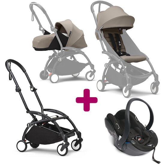 Stokke Pack Poussette trio chassis YOYO³ Noir + pack 6+ YOYO³ Taupe + pack nouveau-né YOYO³ Taupe + coque Yoyo  