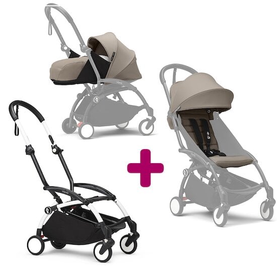 Stokke Pack Poussette duo chassis YOYO³ Blanc + pack 6+ YOYO³ Taupe + pack nouveau-né YOYO³ Taupe  