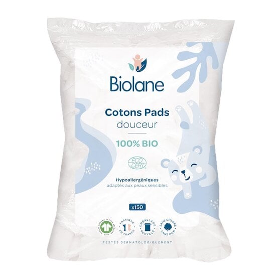 Biolane Cotons Pads Bio Bleu clair et blanc 