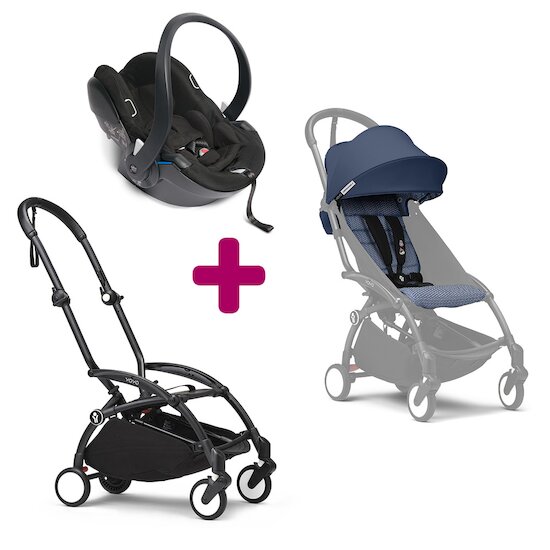 Stokke Pack Poussette Duo YOYO³ Chassis Noir + pack 6+ YOYO³ Bleu Air France + coque Yoyo   