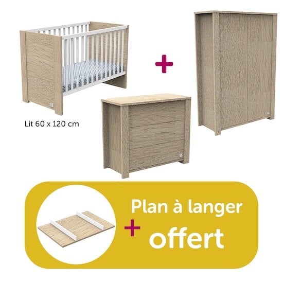 Sauthon Chambre bébé complète Antonin : lit 60x120, commode, armoire, plan à langer offert  