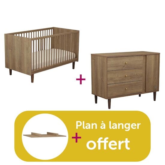 Sauthon Chambre Duo Mokka : Lit little big bed Mokka, Commode 3 tiroirs 1 porte Mokka, Dispositif à langer offert  