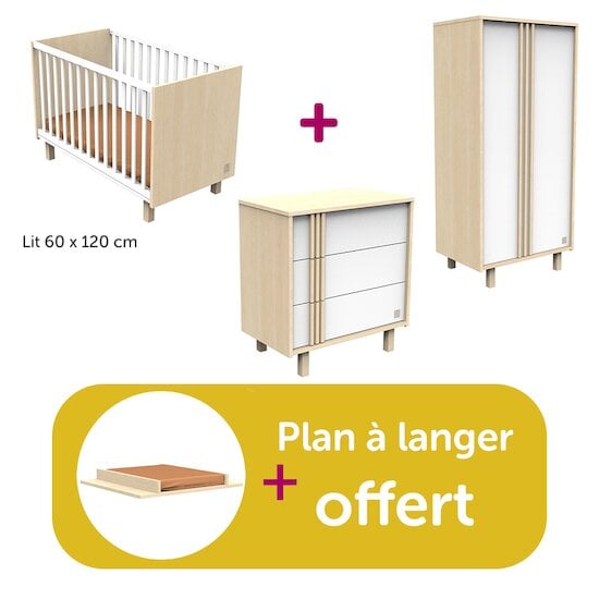 Sauthon Chambre bébé complète Nature : lit  120x60 commode, armoire, plan offert  