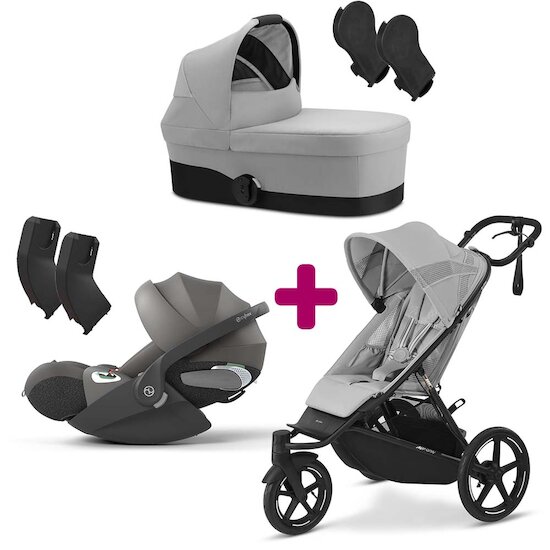 Cybex Pack Poussette trio Avi Spin Fog Grey + adaptateurs coque + adaptateur nacelle Cot S + coque Cloud T Mirage Grey + Nacelle Cot S Fog Grey  