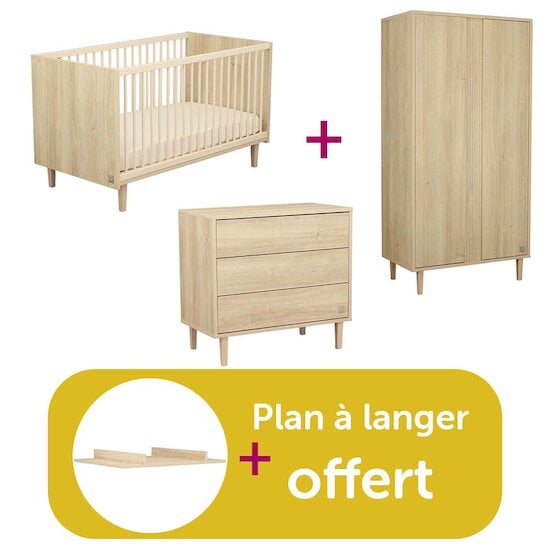 Sauthon Chambre Trio Paloma :  Lit bébé Paloma bois 70x140  évolutif, Commode 3 tiroirs Paloma bois, Armoire 2 portes Paloma bois, Plan  à langer bois offert   