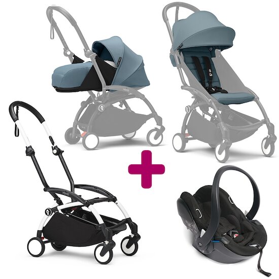 Stokke Pack Poussette trio chassis YOYO³ Blanc + pack 6+ YOYO³ Aqua + pack nouveau-né YOYO³ Aqua + coque Yoyo   