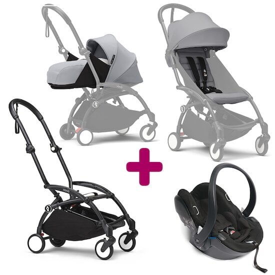 Stokke Pack Poussette trio chassis YOYO³ Noir + pack 6+ YOYO³ Stone + pack nouveau-né YOYO³ Stone + coque Yoyo  