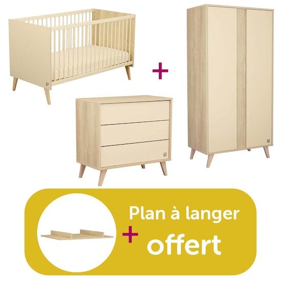 Sauthon Chambre Trio Mélinée : Chambre Trio Mélinée :  Lit Little big bed Mélinée, Commode 3 tiroirs Mélinée, Armoire 2 portes Mélinée, Plan à langer offert  