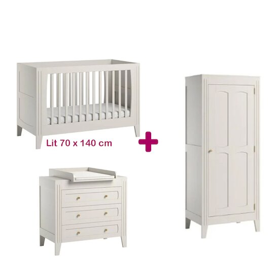 Vox Chambre bébé complète Milenne : Lit blanc 70x140, commode, armoire, plan à langer   