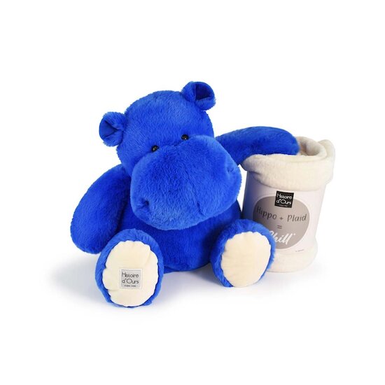 Histoire d'Ours Peluche hippo + plaid Bleu royal 