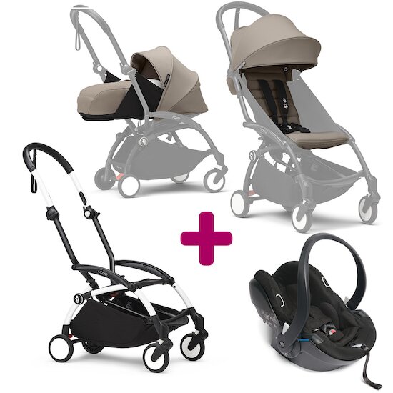 Stokke Pack Poussette trio chassis YOYO³ Blanc + pack 6+ YOYO³ Taupe + pack nouveau-né YOYO³ Taupe + coque Yoyo  