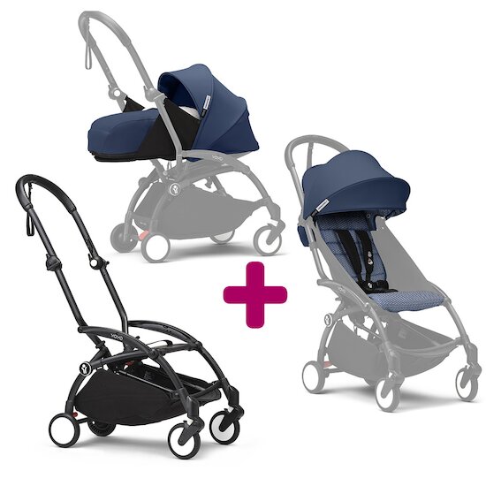 Stokke Pack Poussette duo chassis YOYO³ Noir + pack 6+ YOYO³ Bleu Air France + pack nouveau-né YOYO³ Air France  