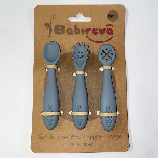 Babireva Set de 3 cuillères d'apprentissage en silicone Gris 