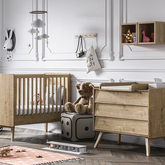 Vox Chambre Duo Vintage : Lit bébé Vintage Bois 60x120, commode en bois, plan à langer   