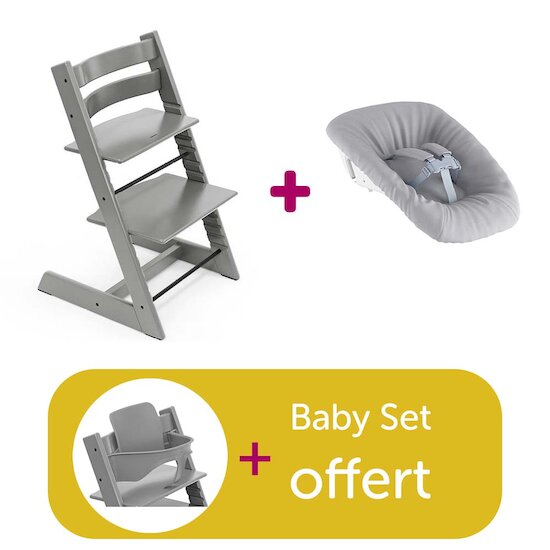 Stokke Chaise haute Tripp Trapp Gris tempete + set nouveau-né Gris = Baby set gris tempete offert  