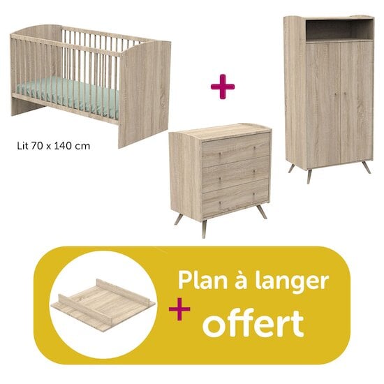 Sauthon Chambre bébé complète Access bois : lit 70x140, commode, armoire, plan à langer offert  