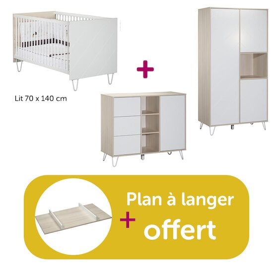 Sauthon Chambre bébé complète Happy : lit 70x140, commode, armoire, plan offert  