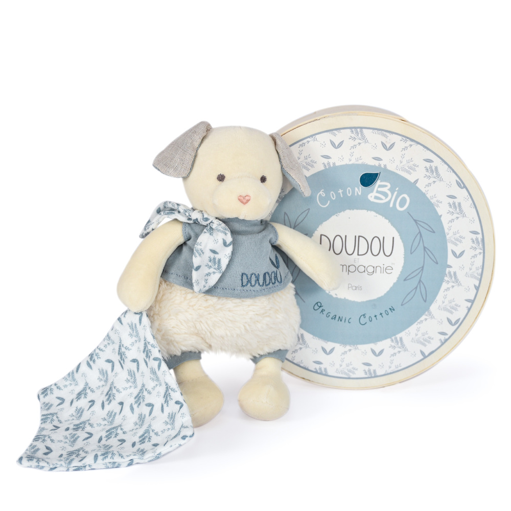 Doudou & Compagnie - Pantin avec doudou Chien en coton bio BLEU Doudou & Compagnie