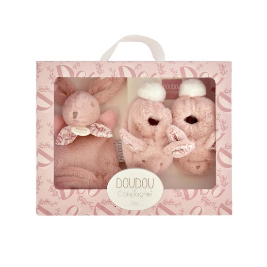 Doudou & Compagnie Coffret chaussons et doudou lapin Rose 