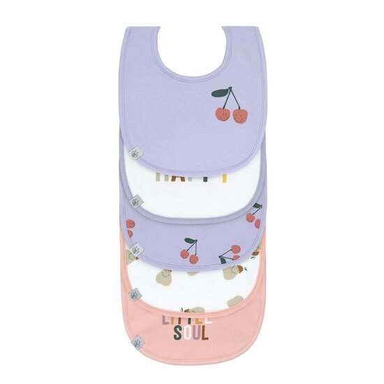 Lässig Lot de 5 bavoirs coton bio Happy Fruits Cerise Lilas/Pêche 