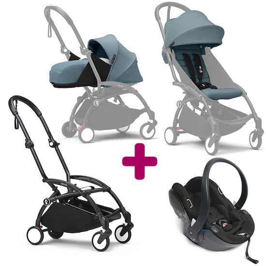 Stokke Pack Poussette trio chassis YOYO³ Noir + pack 6+ YOYO³ Aqua + pack nouveau-né YOYO³ Aqua + coque Yoyo  