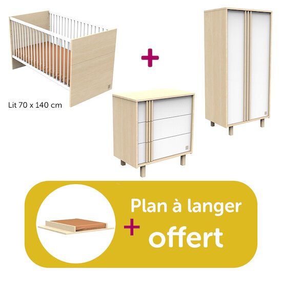 Sauthon Chambre bébé complète Nature : LITTLE BIG BED 140x70 , commode, armoire, plan offert  