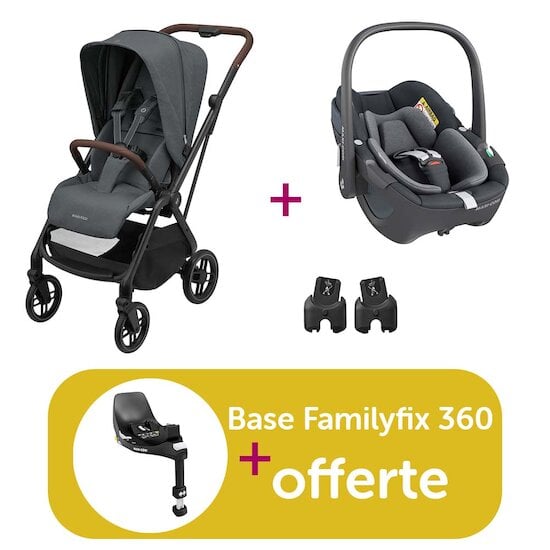 Maxi Cosi Poussette duo Leona 2 Twillic graphite + adaptateurs coque + coque pebble 360 essential graphite = base familyfix 360 offerte  