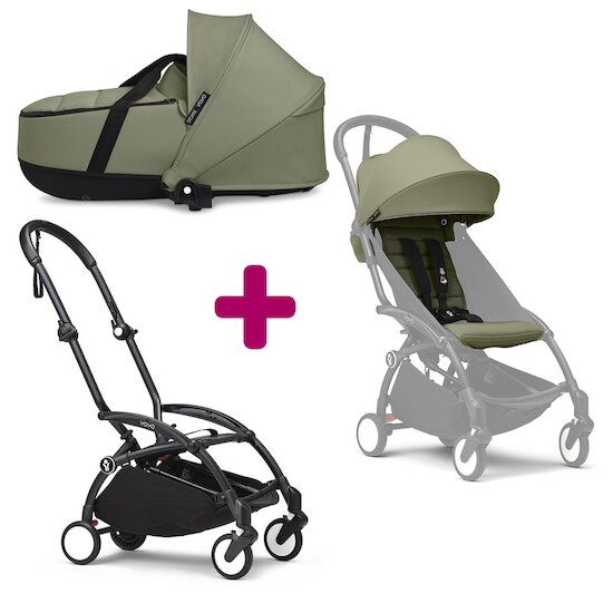 Stokke Pack Poussette duo chassis YOYO³ Noir + pack 6+ YOYO³ Olive + nacelle YOYO³ Olive  