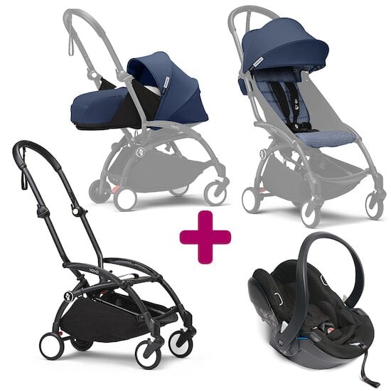 Stokke Pack Poussette trio chassis YOYO³ Noir + pack 6+ YOYO³ Bleu Air France + pack nouveau-né YOYO³ Air France + coque Yoyo  