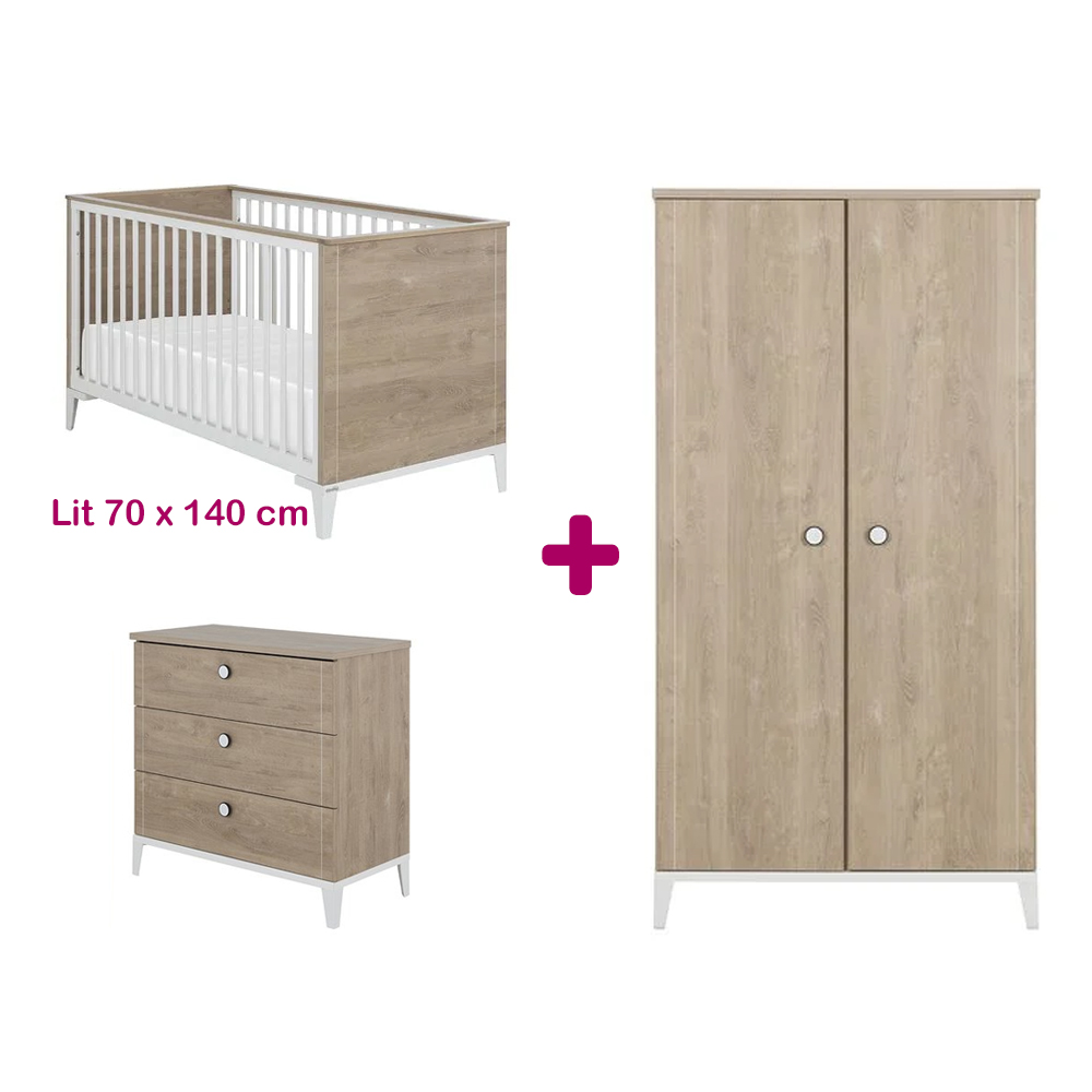 Chambre bébé complète Marcel : lit 70x140, commode, armoire Galipette