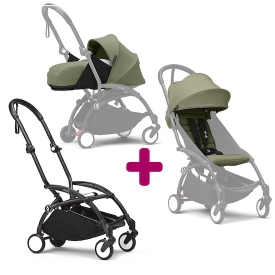 Stokke Pack Poussette duo chassis YOYO³ Noir + pack 6+ YOYO³ Olive + pack nouveau-né YOYO³ Olive  