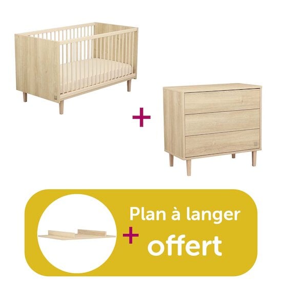 Sauthon Chambre Duo Paloma : Lit bébé Paloma bois 70x140  évolutif, Commode 3 tiroirs Paloma bois, Plan  à langer bois offert   