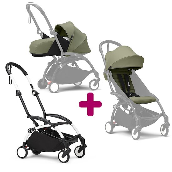 Stokke Pack Poussette duo chassis YOYO³ Blanc + pack 6+ YOYO³ Olive + pack nouveau-né YOYO³ Olive  