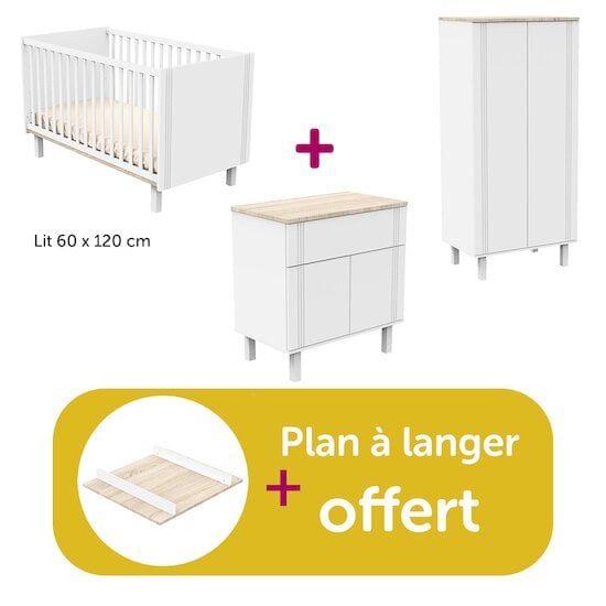 Sauthon Chambre bébé complète Eléonore blanc : lit 60x120, commode, armoire, plan offert   