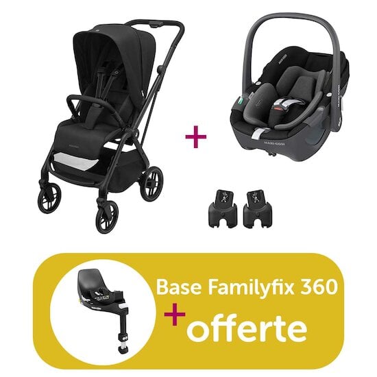 Maxi Cosi Poussette duo Leona 2 Twillic black + adaptateurs coque + coque pebble 360 essential black = base familyfix 360 offerte  