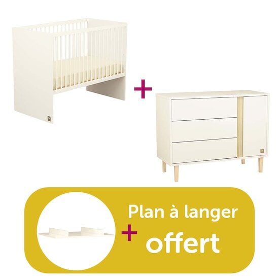 Sauthon Chambre Duo Paloma : Lit 120 X 60  Paloma Blanc, Commode  3 Tiroirs + 1 porte Blanc Paloma, Plan à langer Grand, modèle blanc offert   