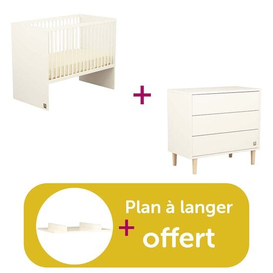 Sauthon Chambre Duo Paloma : Lit 120 X 60  Paloma Blanc, Commode  3 Tiroirs  Paloma, plan petit modèle blanc offert   