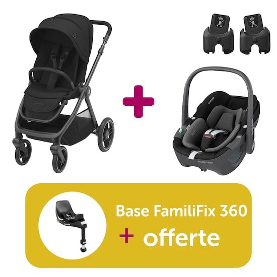 Maxi Cosi Pack poussette Duo Oxford Essential Black + coque Pebble Essential Black + adaptateurs = base FamilyFix 360 offerte  