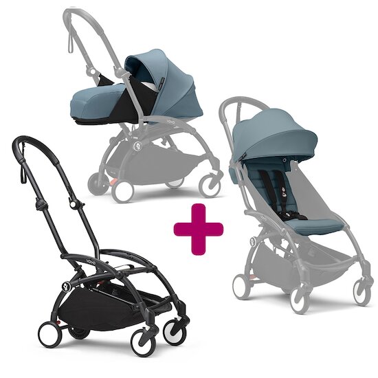 Stokke Pack Poussette duo chassis YOYO³ Noir + pack 6+ YOYO³ Aqua + pack nouveau-né YOYO³ Aqua  