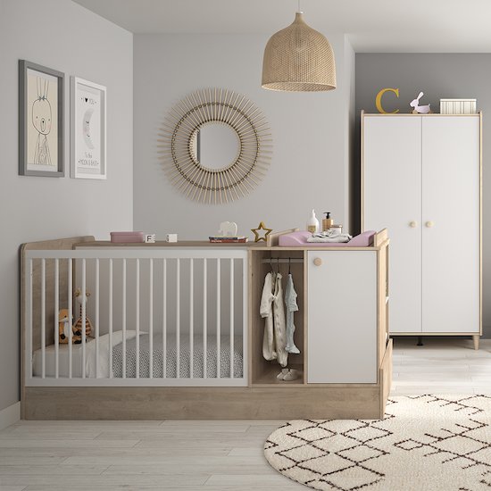 Chambre bébé complète Noam : lit combiné évolutif 60x120, armoire