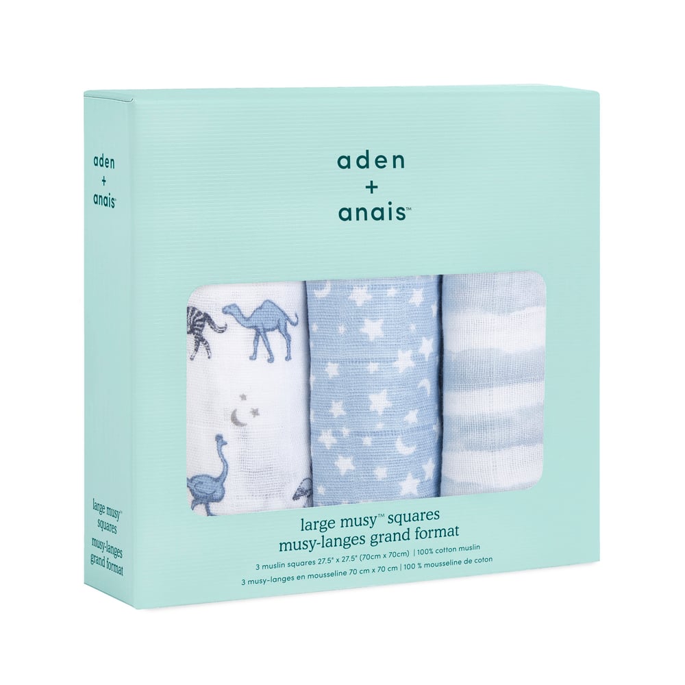 Aden et Anais - 3 musy-langes en mousseline de coton BLEU Aden et Anais