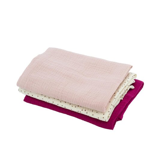 Domiva Lot 3 Langes bambou 1 imprimé et 2unis Rose Grenadine 60x60 cm