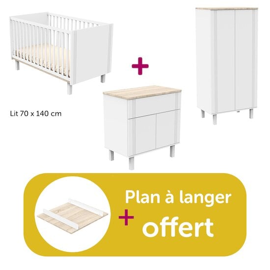 Sauthon Chambre bébé complète Eléonore blanc : lit 70x140, commode, armoire, plan offert   