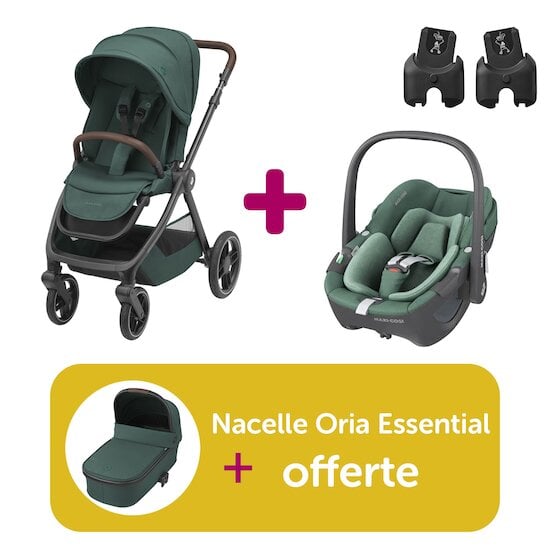 Maxi Cosi Pack Poussette Duo Oxford Essential Green + coque Pebble Essential Green + adaptateurs = Nacelle Oria Essential Green offerte  