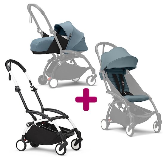 Stokke Pack Poussette duo chassis YOYO³ Blanc + pack 6+ YOYO³ Aqua + pack nouveau-né YOYO³ Aqua  