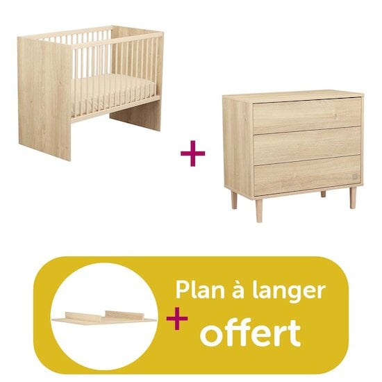 Sauthon Chambre Duo Paloma : Lit 60x120 bébé Paloma bois, Commode 3 tiroirs Paloma bois, Plan à langer bois offert   